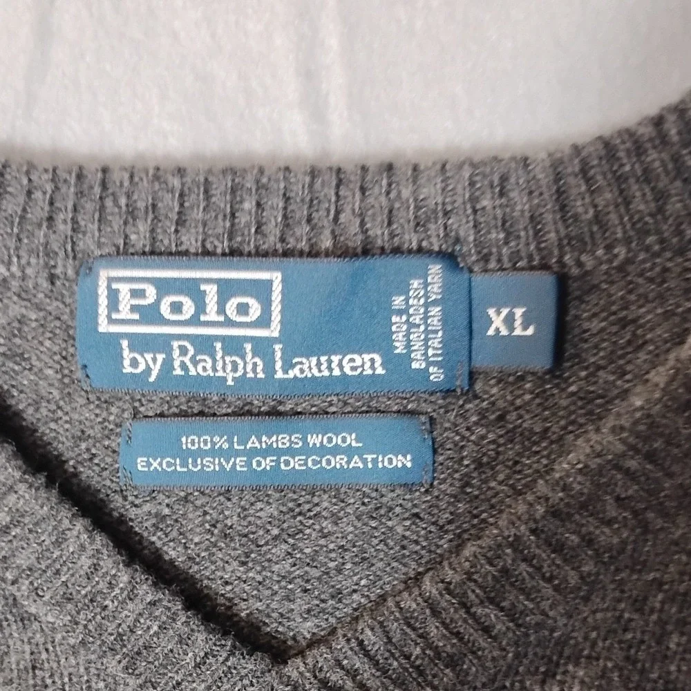 Polo Ralph Lauren Mens Gray 100% Lambswool V Neck‎ Sweater XL